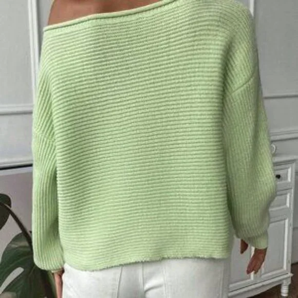 Mint Green Casual Women's Solid Drop Shoulder Asymmetrical Neck Sweater - Picture 2 of 7